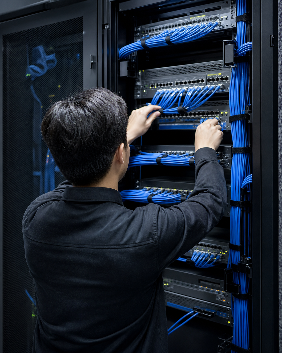 Técnico realizando una instalación de red profesional